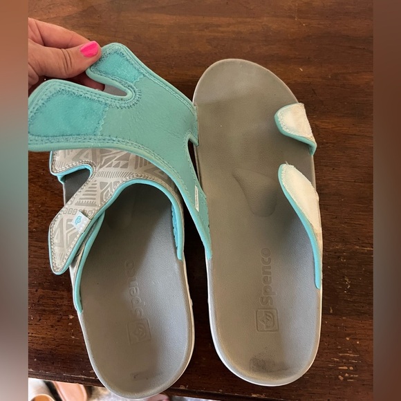 SPENCO Beige and Teal Adjustable Slide Sandals size 8 Tribal Slide Women's - Picture 8 of 9